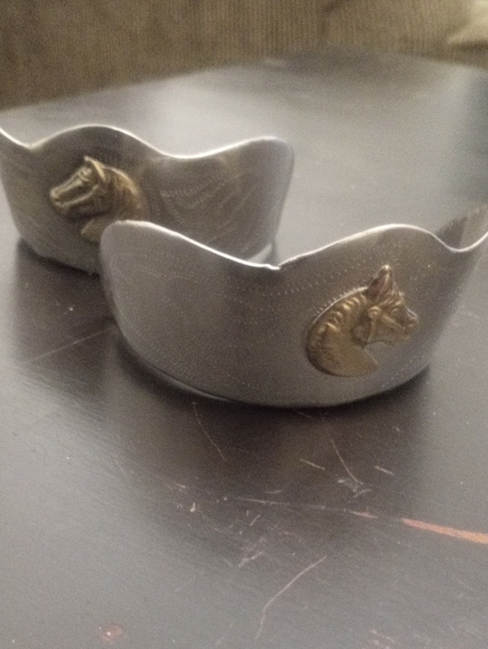 Silver Tone Horse Head Western Boot Heel Guards with Gold Accents